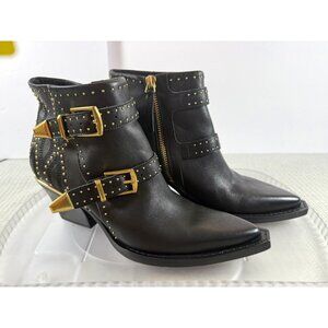 Dolce Vita Ronnie Black Ankle Boots Gold Studs Buckles Western Heels 6.5 Pointed